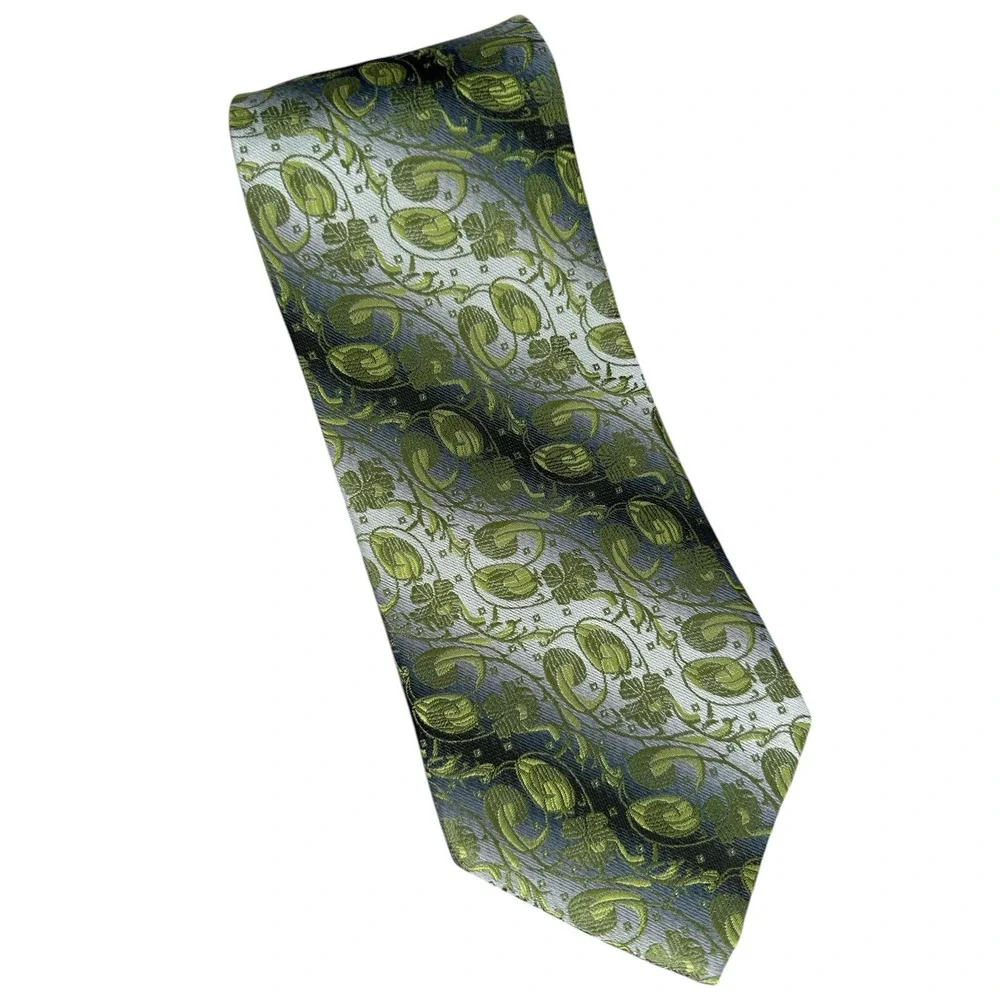 Giorgio Armani Tie OS Green Silver Floral Silk Jacquard Made in Italy Handmade